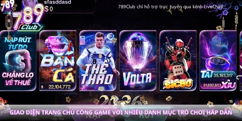 Giao diện trang chủ cổng game với nhiều danh mục trò chơi hấp dẫn